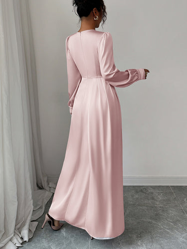 1733874 A-Linien-Maxikleider mit elastischem Bund, asymmetrischen Falten, einfarbigem Schlitz und Rundhalsausschnitt 