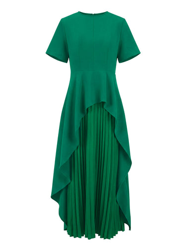 A-Line hohe taillierte plissierte Feste Farbe Split-Joint Rund-Hals Maxi Kleider