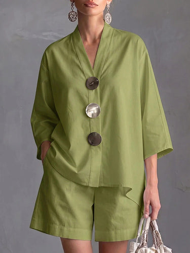 1782051 Loose Three-Quarter Sleeves Buttoned Pockets Solid Color V-Neck Blouse Top + Shorts Bottom Two Pieces Set