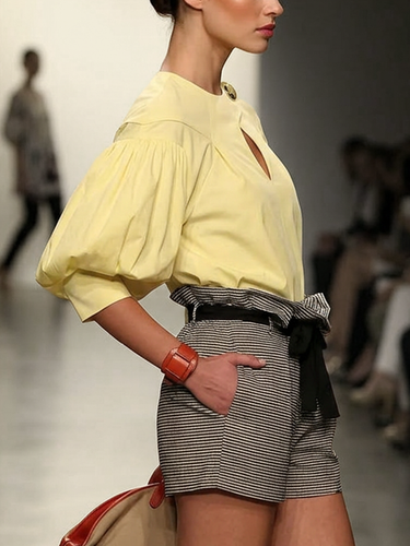 1782797 Half Sleeves Puff Sleeves Buttoned Hollow Solid Color Split-Joint Round-Neck Blouses&Shirts Tops