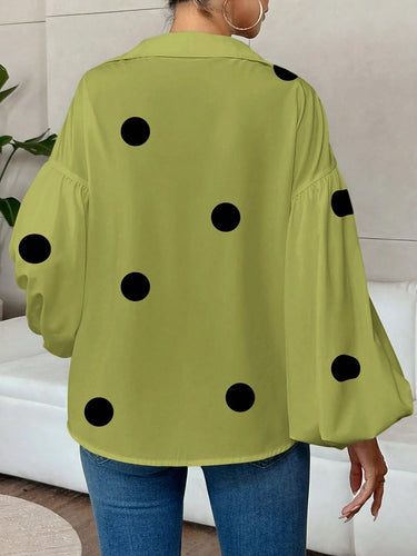 1780308 Long Sleeves Loose Contrast Color Pleated Polka Dot Split-Joint Lapel Blouses&Shirts Tops