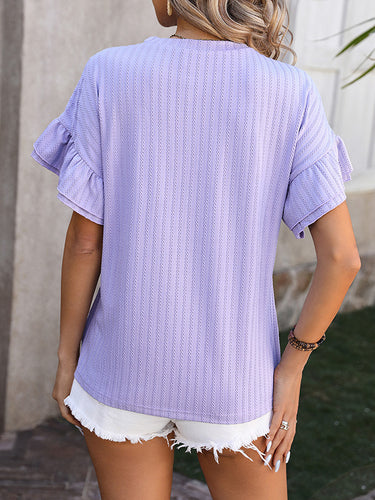 1442171 Wrap Falbala Solid Color Round-Neck T-Shirts Tops