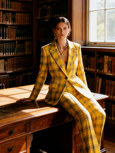 Elasticated Waist High Waisted Buttoned Contrast Color Plaid Split-Joint Notched Collar Blazer Outerwear