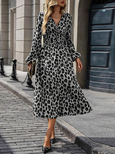 1728947 Elasticated Waist High Waisted Contrast Color Leopard Pleated Split-Joint V-Neck Maxi Dresses