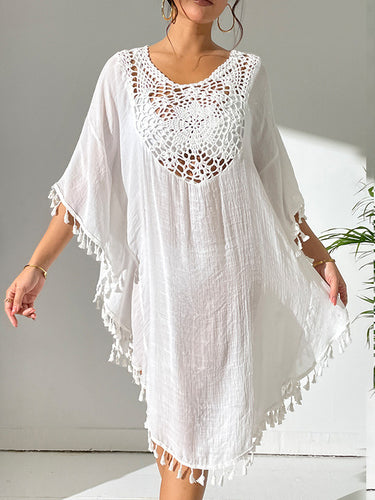 Mangas de batwing suelto hueco sólido protección solar cubiertas de cuello redondo cubiertos tops vestidos midi