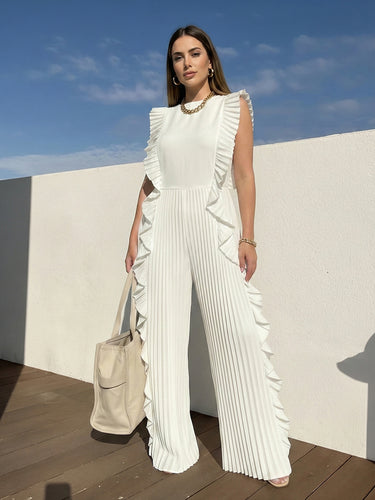 Loose Sleeveless Pleated Ruffled Solid Color Split-Joint Round-Neck Jumpsuits