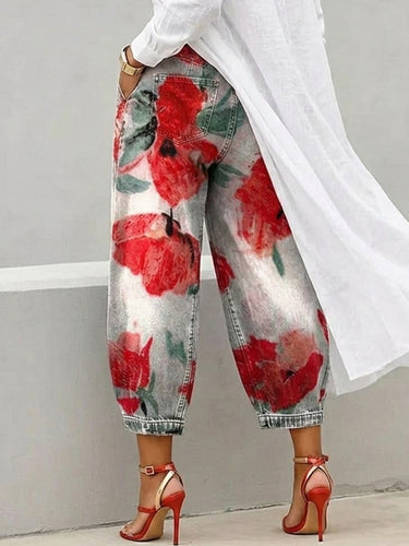1780496 Cropped High Waisted Contrast Color Flower Print No Belt Pockets Jean Pants Bottoms