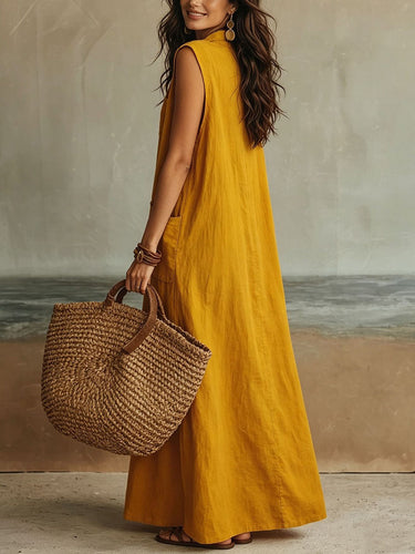 1785428 Loose Sleeveless Buttoned Pockets Solid Color Lapel Maxi Dresses