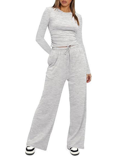 1751578 Solid Color Pleated Round-Neck T-Shirts Tops +  Elasticated Waist High Waisted Drawstring Pants Two Pieces Set