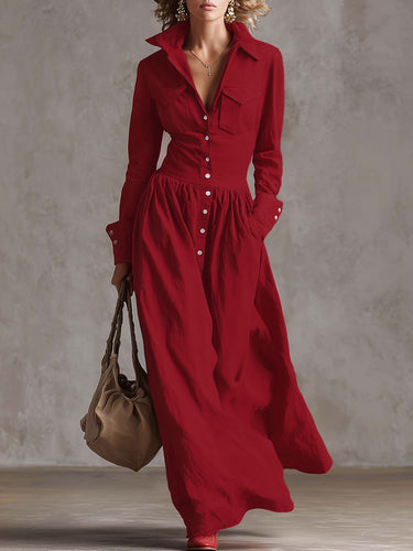 High Waisted Long Sleeves Buttoned Pleated Pockets Solid Color Split-Joint Lapel Maxi Dresses