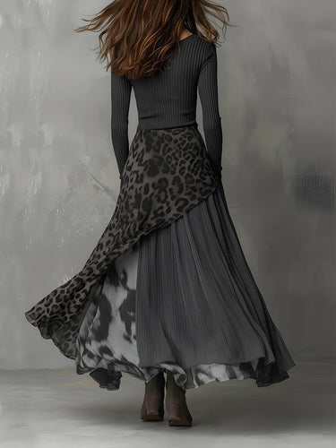 1780798 High Waisted Long Sleeves Leopard Printed Split-Joint Round-Neck Maxi Dresses