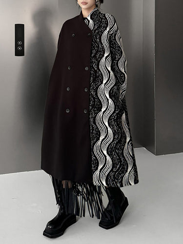 1720709 Long Sleeves Loose Buttoned Contrast Color Pockets Stand Collar Woolen Coat