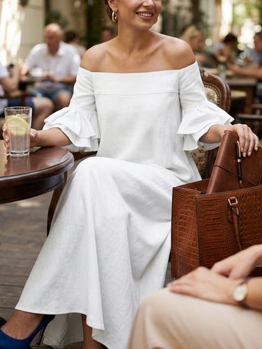 1765344 Half Sleeves Loose Solid Color Off-The-Shoulder Maxi Dresses