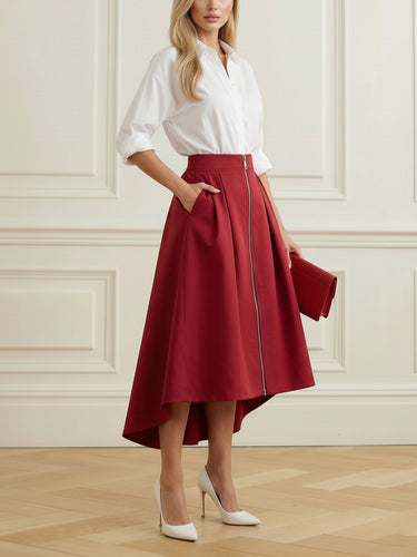 1735571 A-Line High-Low Pleated Pockets Solid Color Zipper Skirts Bottoms