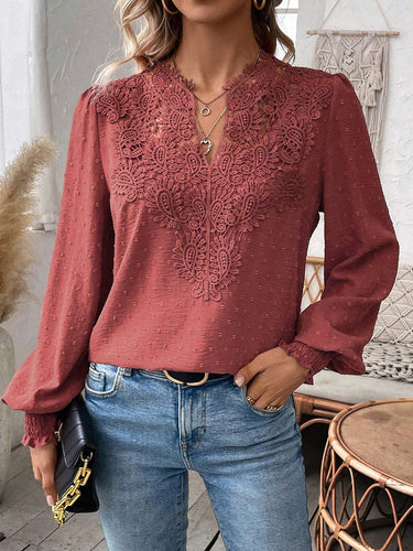 1780424 Balloon Sleeves Long Sleeves Embroidered Hollow Solid Color V-Neck Blouses&Shirts Tops