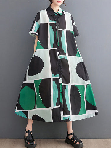 Abito da camicia midi con coglione stampato con blocco a colori oversize sciolto