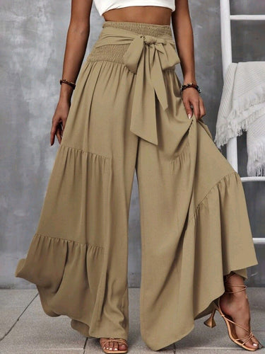 1786050 High Waisted Loose Elasticity Solid Color Split-Joint Tied Waist Pants Trousers