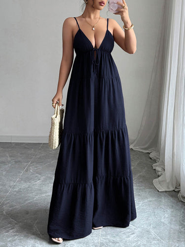 1766177 A-Line Sleeveless Backless Drawstring Pleated Solid Color Spaghetti-Neck Maxi Dresses