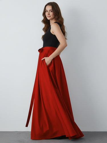 1723146 A-Line Elasticated Waist Bow-Embellished Pockets Solid Color Streamer Zipper Skirts Bottoms