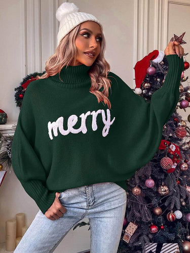 1732391 Long Sleeves Loose Contrast Color Printed Split-Joint High Neck Sweater Tops