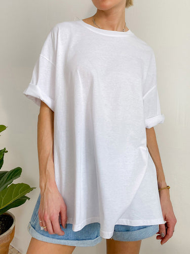 1784033 Loose Short Sleeves Solid Color Split-Side Round-Neck T-Shirts Tops