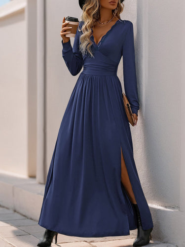 1749404 A-Line High Waisted Pleated Solid Color Split-Side V-Neck Maxi Dresses