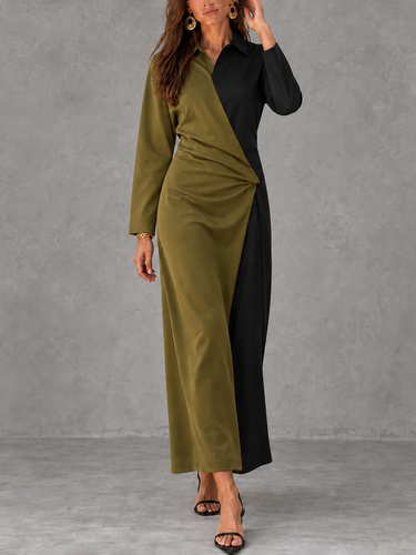 Split-Joint Pleated Contrast Color Long Sleeves High Waisted Lapel Maxi Dresses