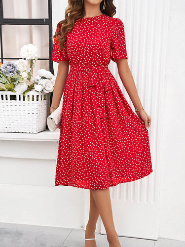 1746081 A-Line Elasticated Waist Contrast Color Polka Dot Split-Joint Tied Waist Round-Neck Midi Dresses