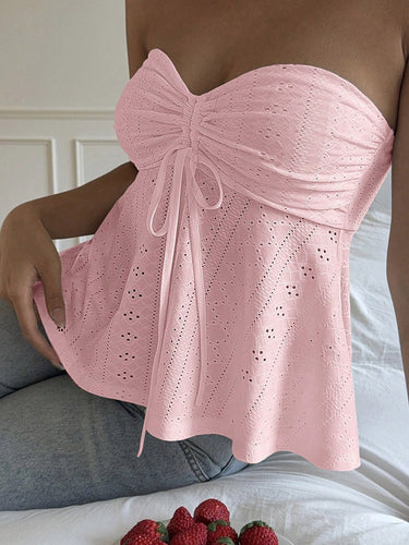 1752114 Skinny Sleeveless Backless Hollow Pleated Solid Color Split-Joint Tied Tube Vest Top
