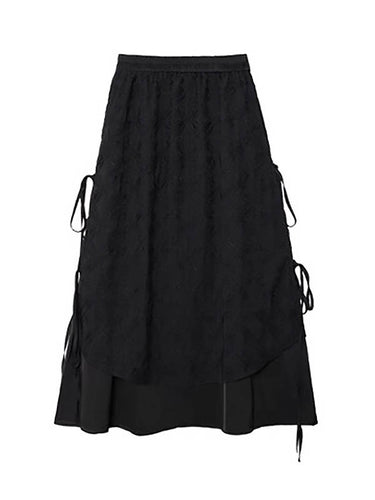 1726266 Solid Color Split-Joint Asymmetric Drawstring Flower Print   False Two Lapel Buttoned Pockets Blouses&Shirts Tops + Elasticated Waist Double Layered Skirts Bottoms Two Pieces Set