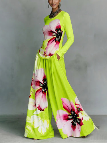 Long Sleeves Contrast Color Flower Print Split-Joint Round-Neck T-Shirts Tops