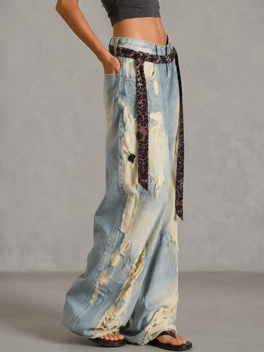 1777887 High Waisted Wide Leg Asymmetric Buttoned Contrast Color Jacquard Pockets Split-Joint Streamer Jean Pants Bottoms