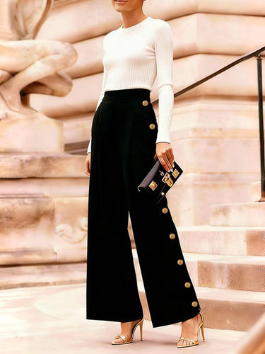 High Waisted Loose Buttoned Contrast Color Split-Joint Blazer Pants