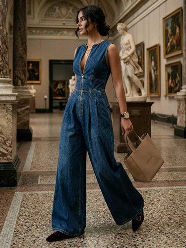 1758154 High Waisted Sleeveless Pleated Pockets Solid Color Zipper Round-Neck Jumpsuits