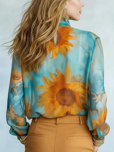 1781354 Long Sleeves Loose Contrast Color Flower Print See-Through Mock Neck Blouses&Shirts Tops