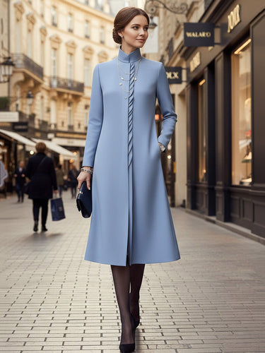 Vestidos midi de corte A, ajustados, asimétricos, plisados, con bolsillos, color liso, con abertura en la costura y cuello alto 