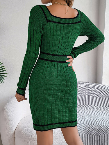 1713639 Bodycon Long Sleeves Buttoned Contrast Color Plaid Square-Neck Mini Dresses Sweater Dresses