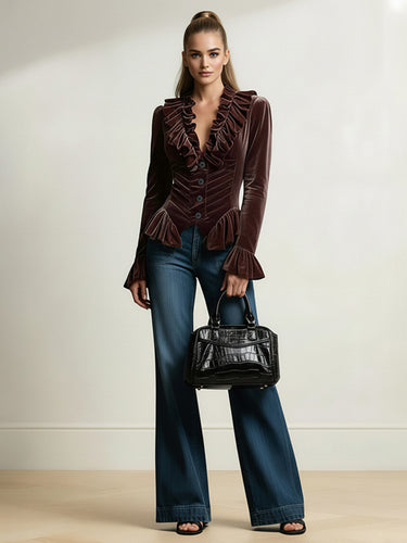 Elasticated Waist Flared Sleeves Buttoned Pleated Ruffled Solid Color Split-Joint Deep V-Neck Blouses&Shirts Tops