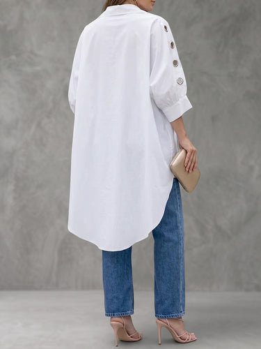 1773435 High-Low Loose Buttoned Hollow Pleated Solid Color Lapel Blouses&Shirts Tops