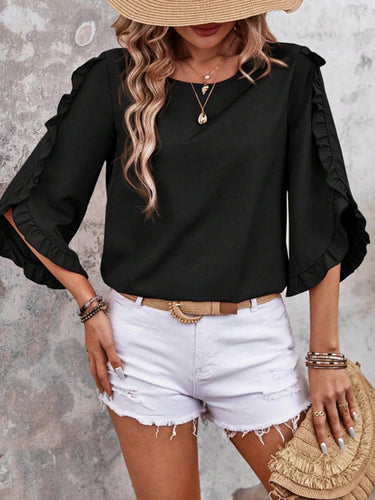 1753157 Batwing Sleeves Long Sleeves Ruffled Solid Color Split-Joint Round-Neck Blouses&Shirts Tops