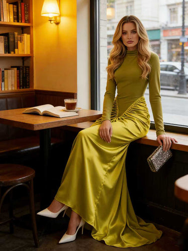 Bodycon Irregularity Pleated Split-Back Split-Joint Half Turtleneck Maxi Dresses