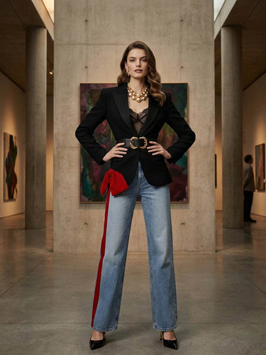 Wide Leg Bow-Embellished Contrast Color Jean Pants Bottoms