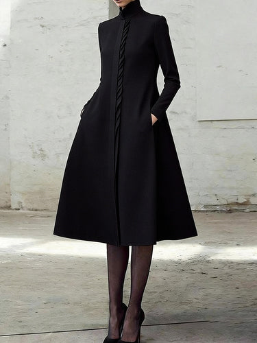 A-Line Bodycon Asymmetric Pleated Pockets Solid Color Split-Joint Stand Collar Midi Dresses