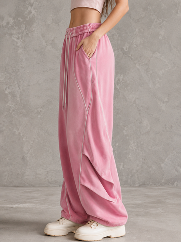 1778194 High Waisted Wide Leg Drawstring Elasticity Pockets Solid Color Split-Joint Pants Trousers