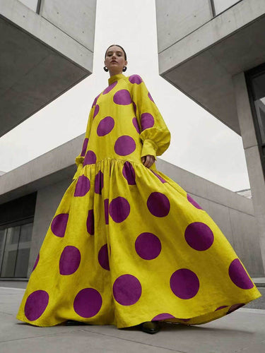 Long Sleeves Loose Big Hemline Contrast Color Pleated Polka Dot Split-Joint Half Turtleneck Maxi Dresses