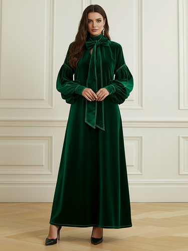 1725355 A-Line Long Sleeves Bow-Embellished Pleated Solid Color Split-Joint High Neck Maxi Dresses