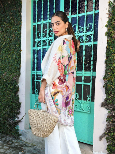 1788789 Split-Joint Flower Print Contrast Color Buttoned Butterfly Print Loose Long Sleeves Lapel Blouses&Shirts Tops