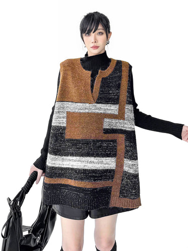 1734776 Loose Sleeveless Contrast Color Geometric Split-Joint Striped V-Neck Outerwear Vest Top