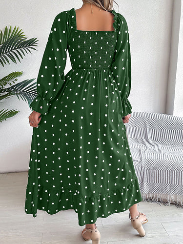 1756110 High Waisted Long Sleeves Pleated Polka Dot Ruffled Square-Neck Maxi Dresses Shirt Dress