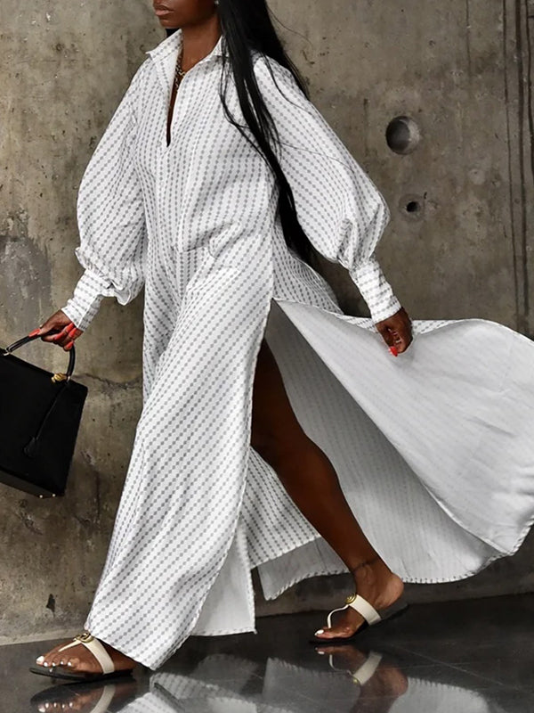 Long Sleeves Loose Buttoned Split-Side Striped Lapel Maxi Dresses Shir Uoozee official Long Sleeves Loose Buttoned Split-Side Striped Lapel Maxi Dresses Shir Uoozee official